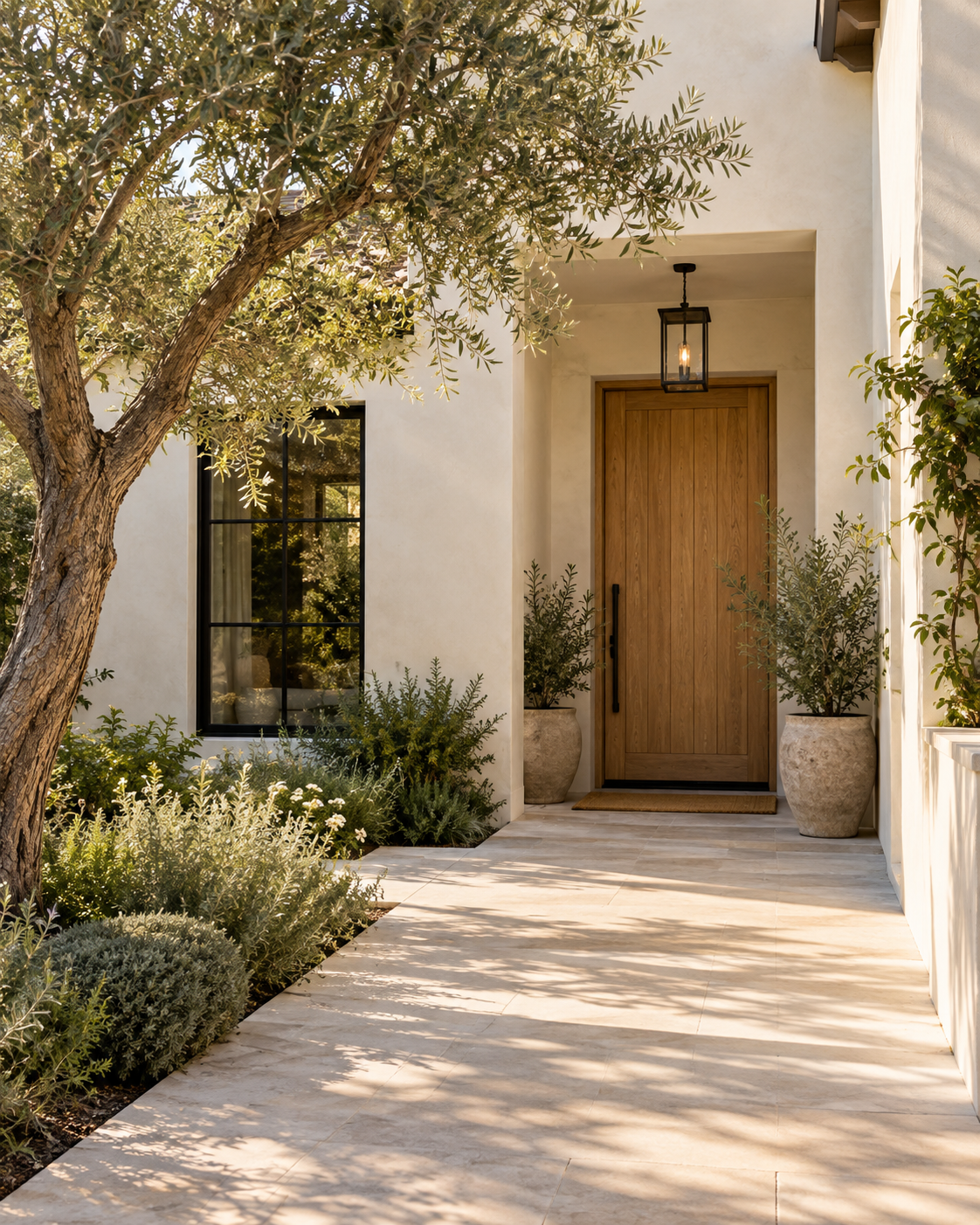 Conceptual sunlit home entrance with a timber door and olive tree